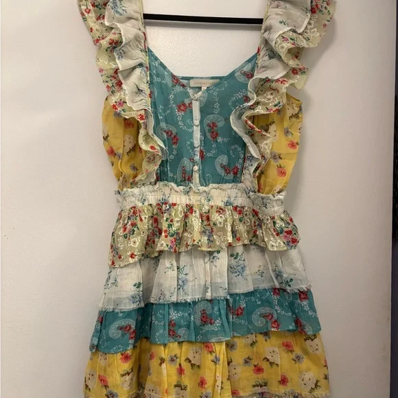 LoveShackFancy Phyllis Ruffled patchwork  floral Cotton mini Dress Cottagecore M - Picture 4 of 8